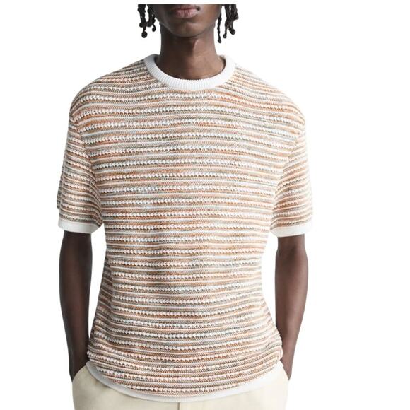 Zara SM Mens Striped Knit Short Sleeve Shirt Crew Neck Neutral Tones - Picture 1 of 11